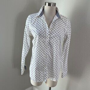 Chaps Womens Medium Navy Up White Polka Dot Button Up Shirt Long Sleeve Blouse